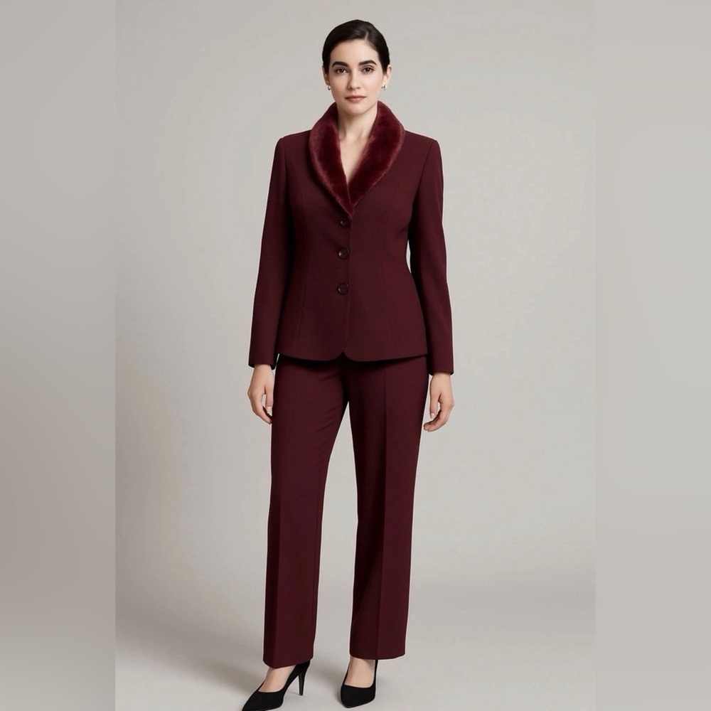 Danny & Nicole 2-Piece Suit Set Burgundy Faux Fur Collar Jacket Pants S 14/ Y2K